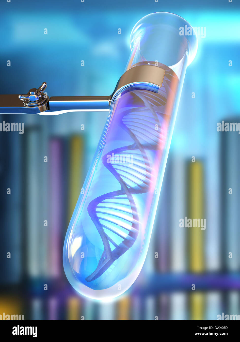 Tube à essai avec de l'ADN dans un liquide avec un fond représentant un laboratoire. Banque D'Images