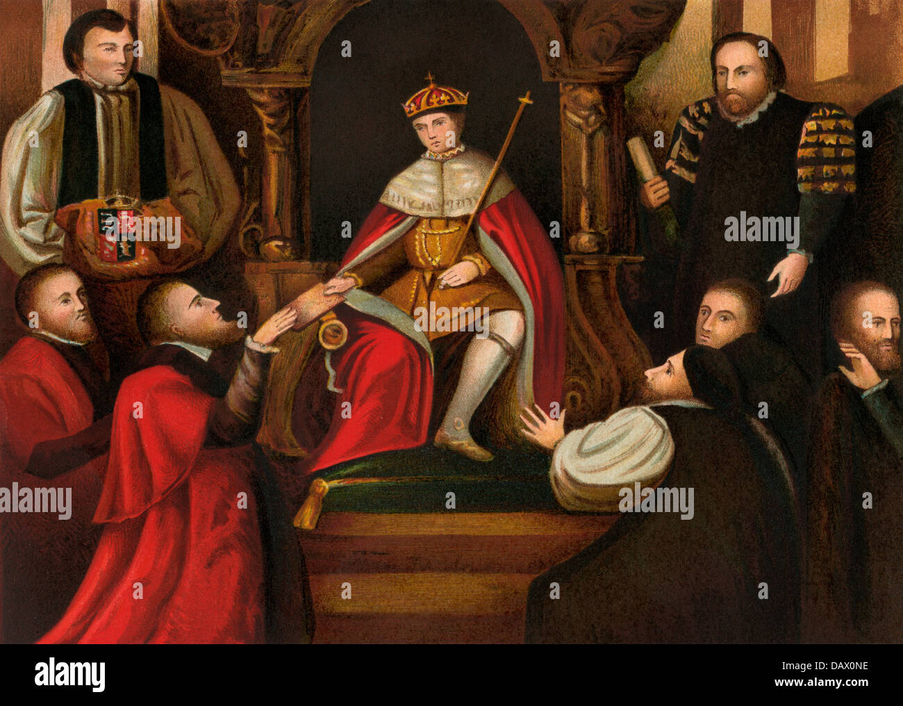 Roi d'Angleterre Édouard VI confirmant son père don de Christ's Hospital de la ville de Londres. Lithographie couleur Banque D'Images