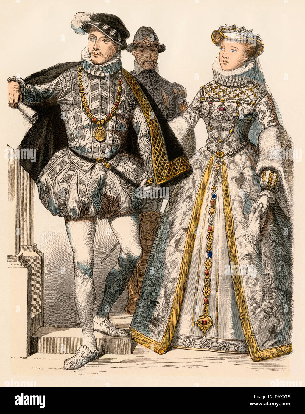 Roi de France Charles IX et sa femme, Elizabeth d'Autriche, 1500. Impression couleur à la main Banque D'Images