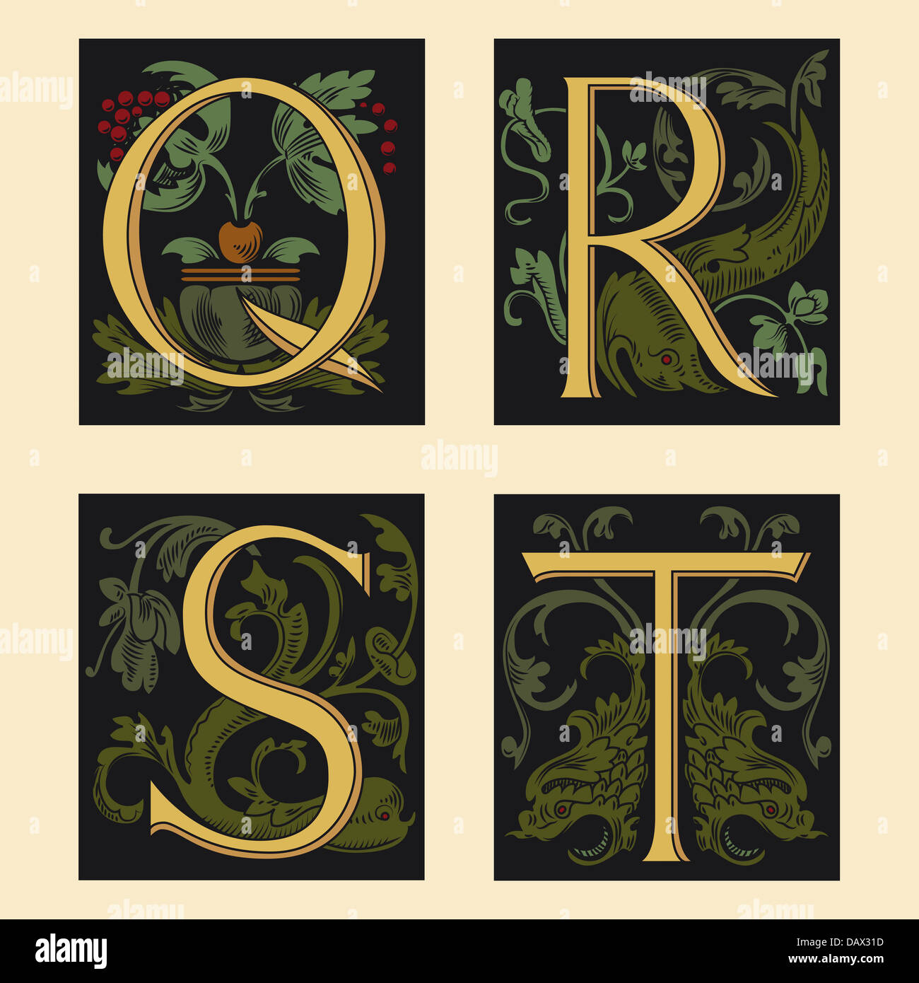 L'alphabet du seizième Q R S T Banque D'Images