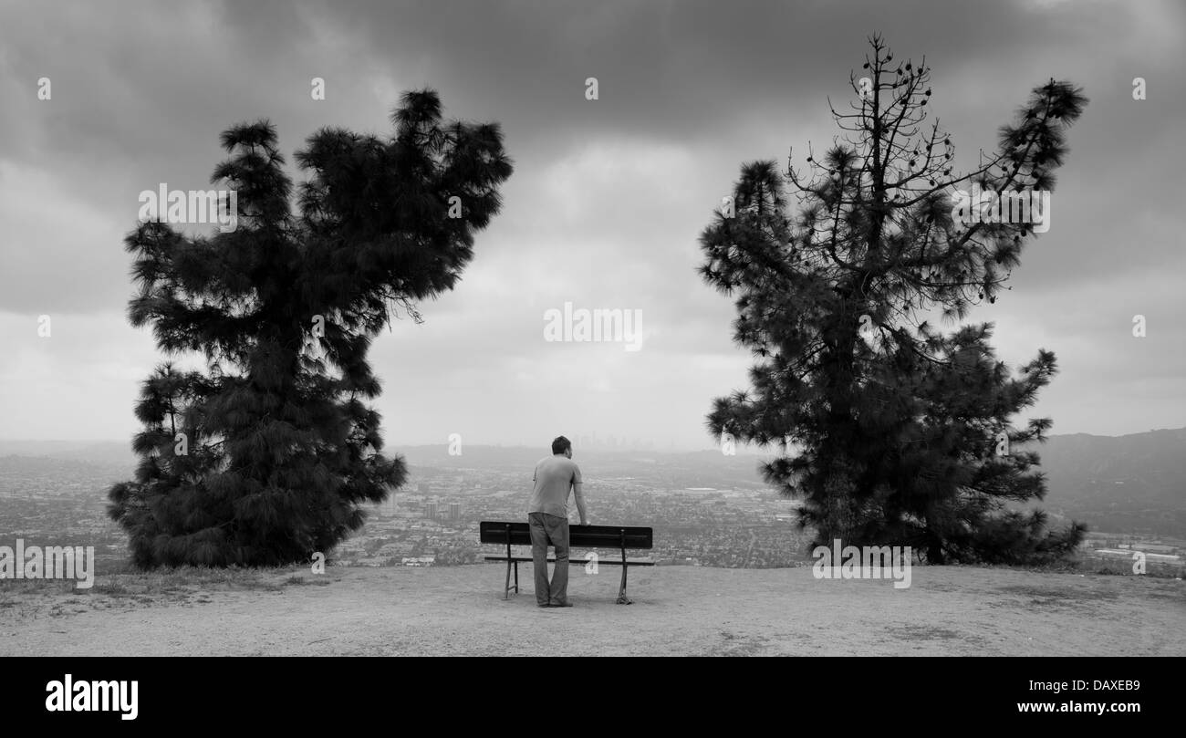 Homme debout derrière banc entre les arbres avec vue sur Los Angeles Banque D'Images