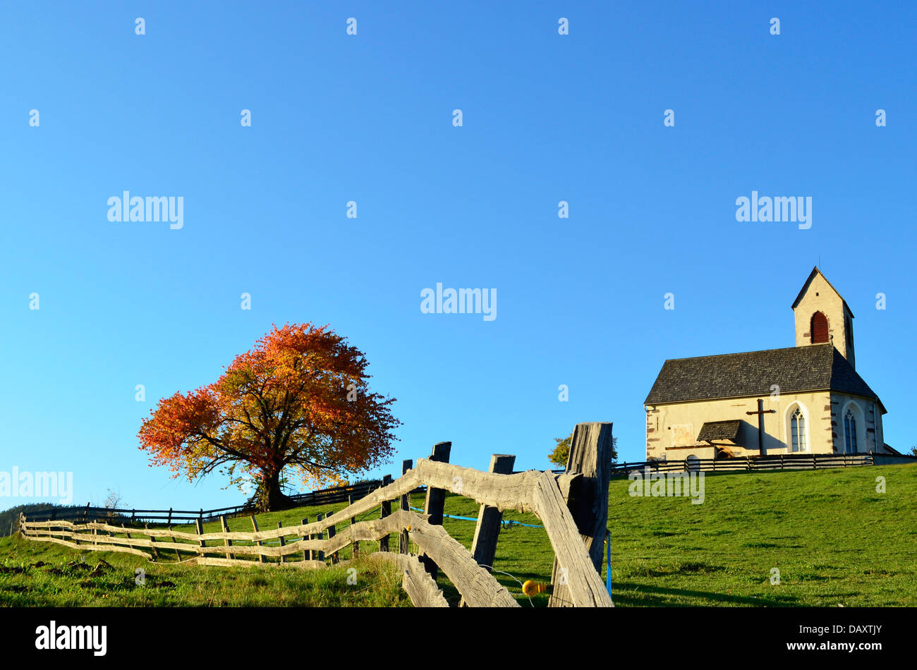 L'église de St Jakob (San Giacomo) près de Magdalena (Santa Maddalena) dans le Villnosstal au Tyrol du Sud en Italie en automne. Banque D'Images