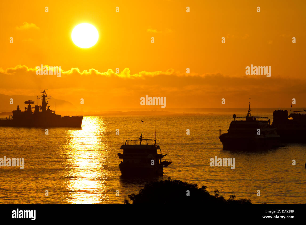 Le lever du soleil, Academy Bay, Port, Puerto Ayora, Santa Cruz Island, îles Galapagos, Equateur Banque D'Images