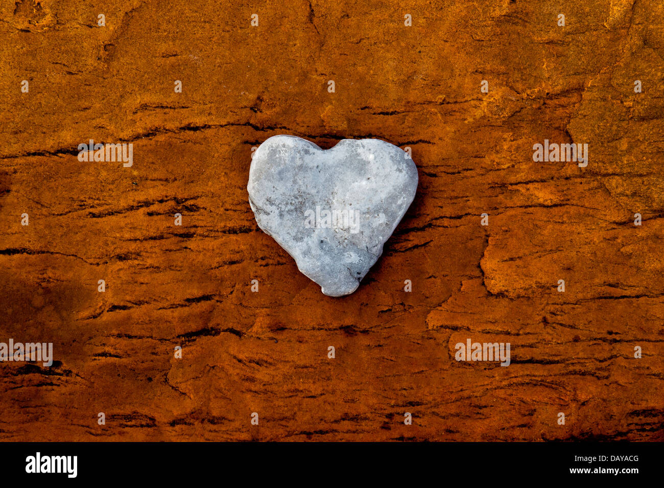 Forme de coeur sur galets de couleur grès par dépôt de fer à partir d'une source d'eau souterraine Banque D'Images