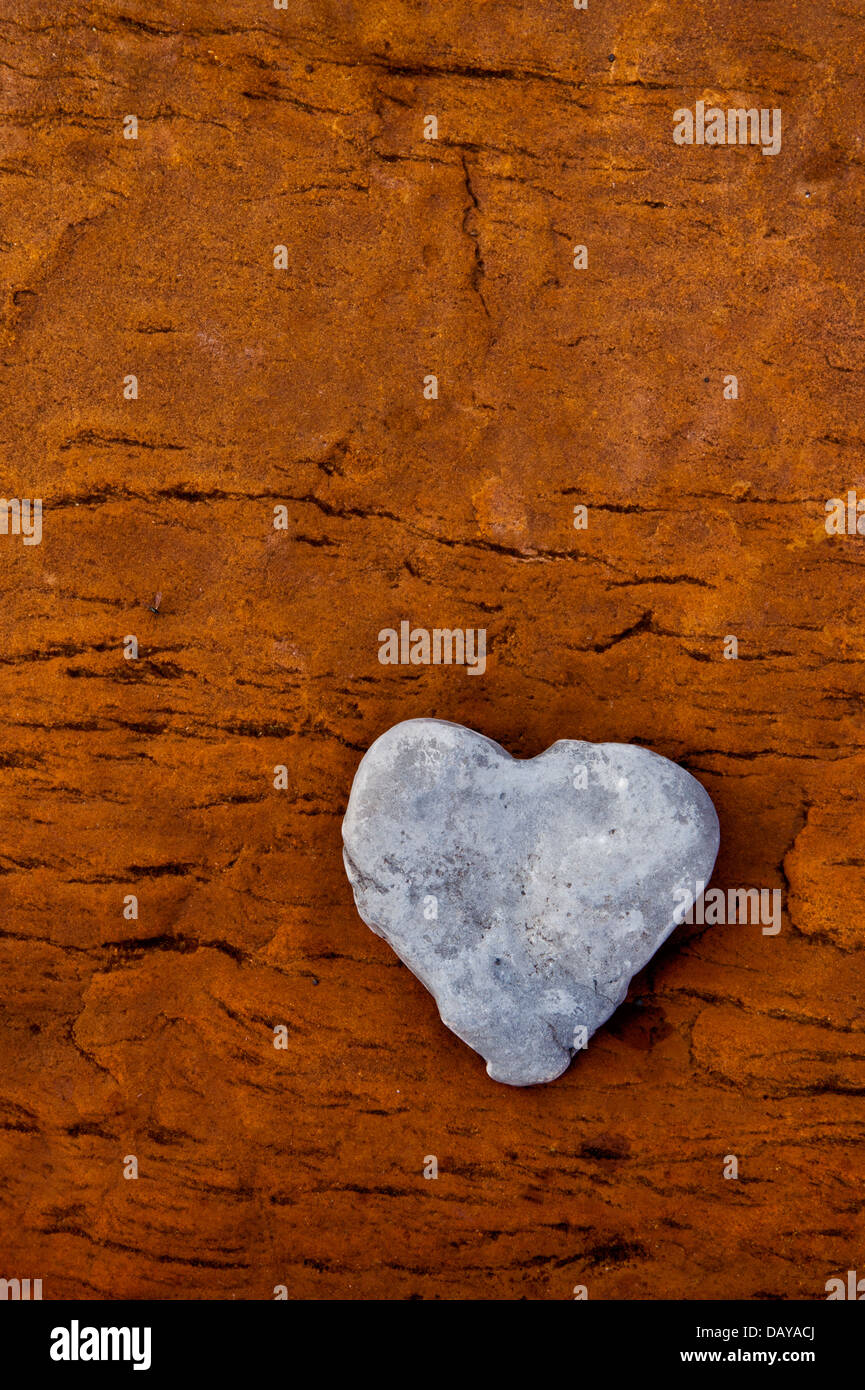 Forme de coeur sur galets de couleur grès par dépôt de fer à partir d'une source d'eau souterraine Banque D'Images