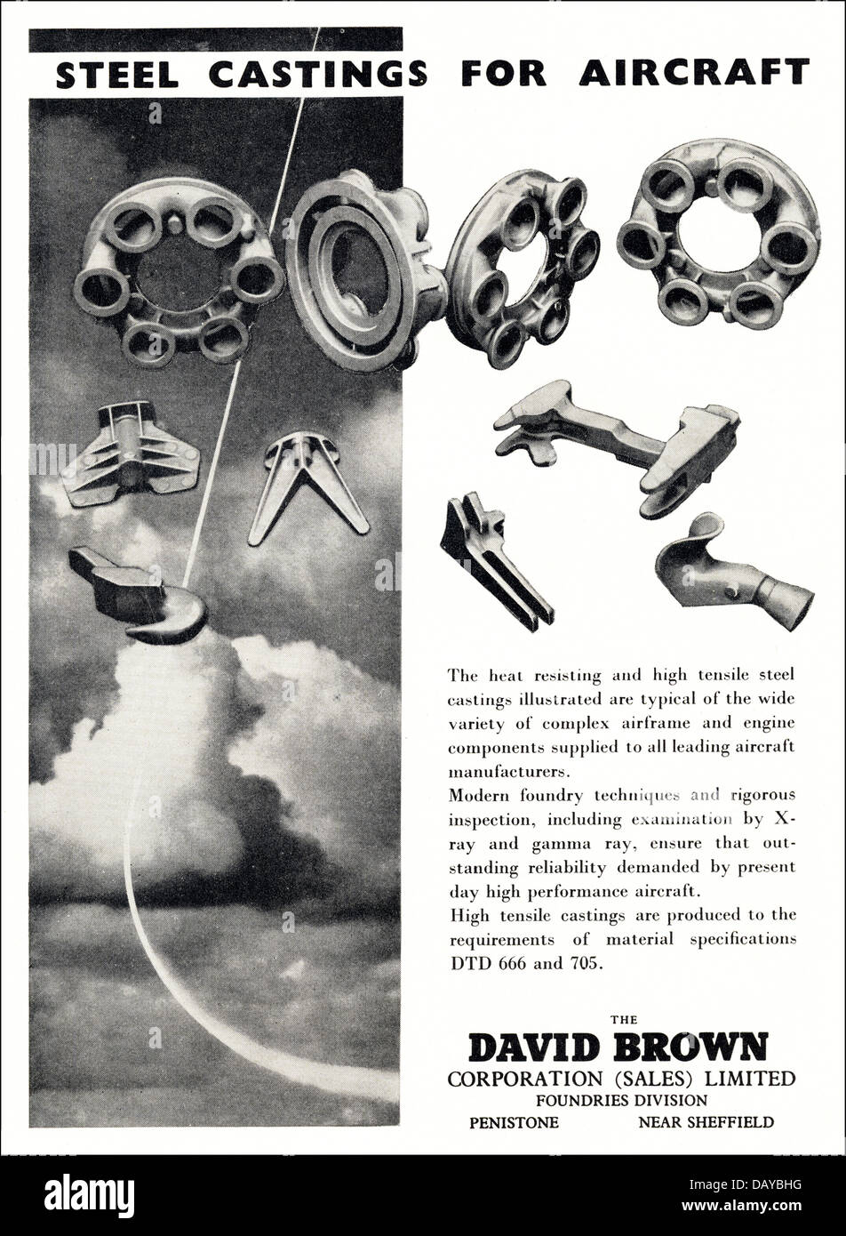 Annonce pour les aéronefs moulages d'acier par le David Brown Corporation Limited Penistone Sheffield England UK fournisseurs à l'industrie de l'aéronautique annonce dans le magazine Commerce vers 1955 Banque D'Images