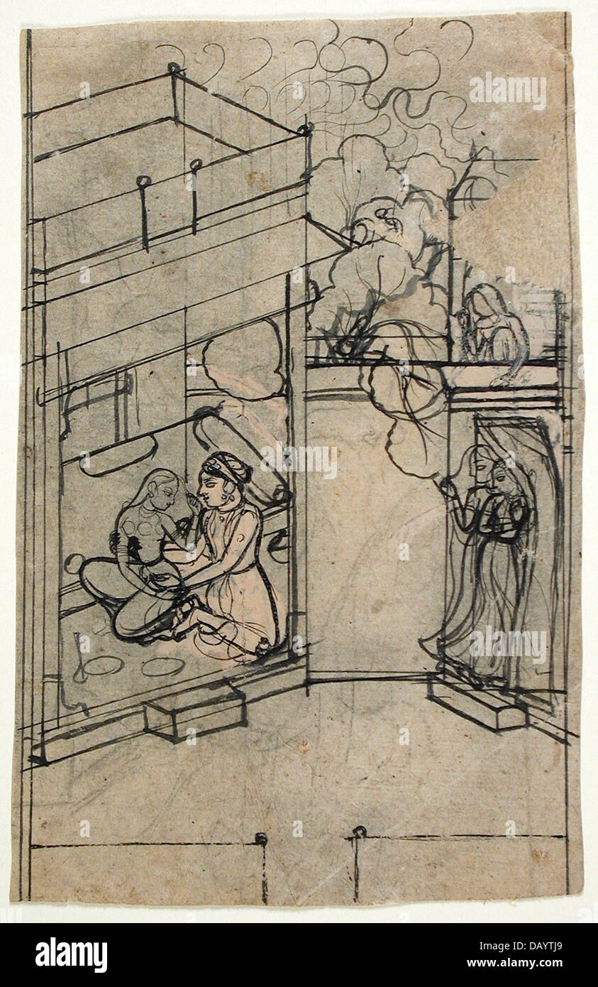 Un dessin tiré d'un Ragamala, illustrant une scène romantique d'amants regardés par des femmes. L'œuvre fait partie de la collection LACMA, mettant en vedette la miniature indienne comprise Banque D'Images