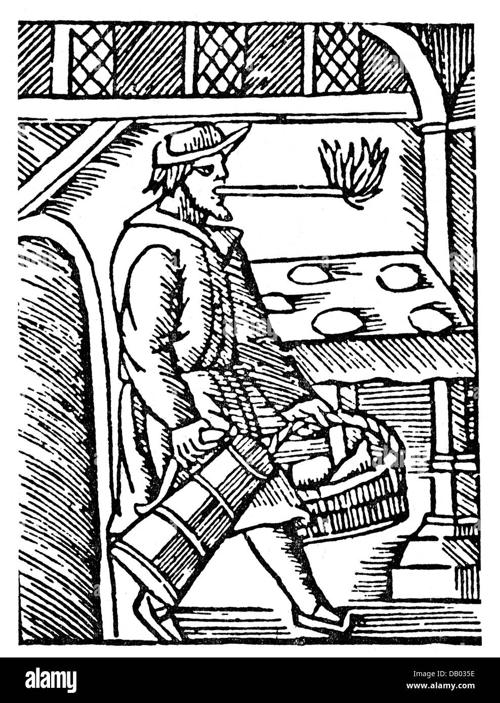 Feu, homme avec une pinède dans la bouche portant une carafe et un panier, coupe de bois, vers 1500, droits supplémentaires-Clearences-non disponible Banque D'Images