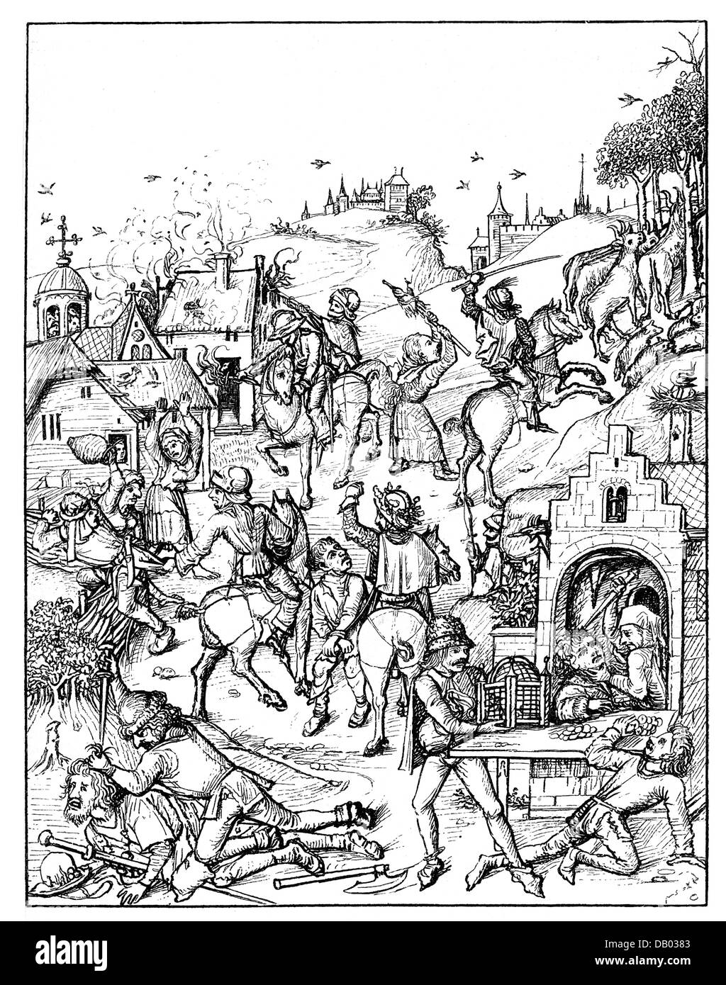 Moyen âge, chevaliers, barons de voleurs pilant un village, illustration de 'Mittelalterliches Hausbuch', fin du XVe siècle, droits supplémentaires-Clearences-non disponible Banque D'Images