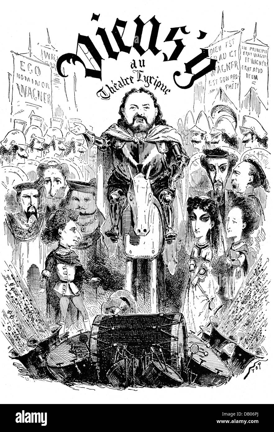 Wagner, Richard, 22.5.1813 - 13.2.1883, compositeur allemand, Rienzi à Paris, caricature, par Stop, de 'Journal Amusant', gravure en bois, Paris, 1869, de Karl Eugen Schmidt, Richard Wagner en caricature française, Banque D'Images