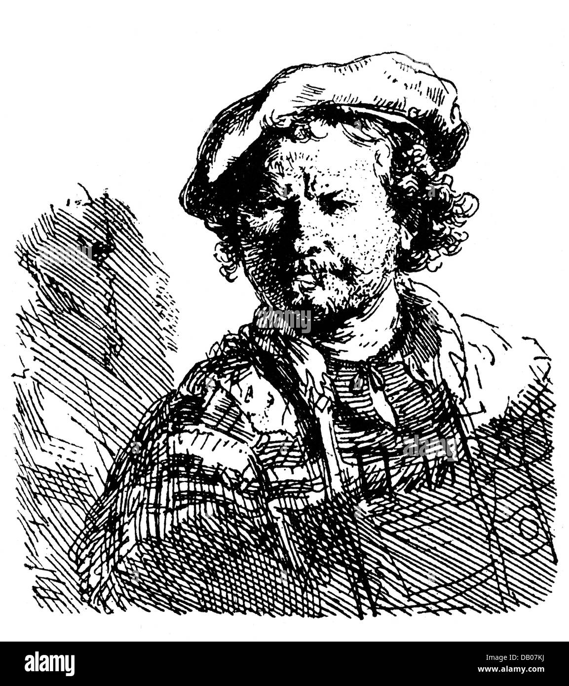 Rembrandt, Harmensz van Rijn, (1606 - 1669), gravure, 'self-portrait avec chapeau plat et robe brodée', vers 1642, 7,5 x 6,2 cm, droits supplémentaires-Clearences-non disponible Banque D'Images