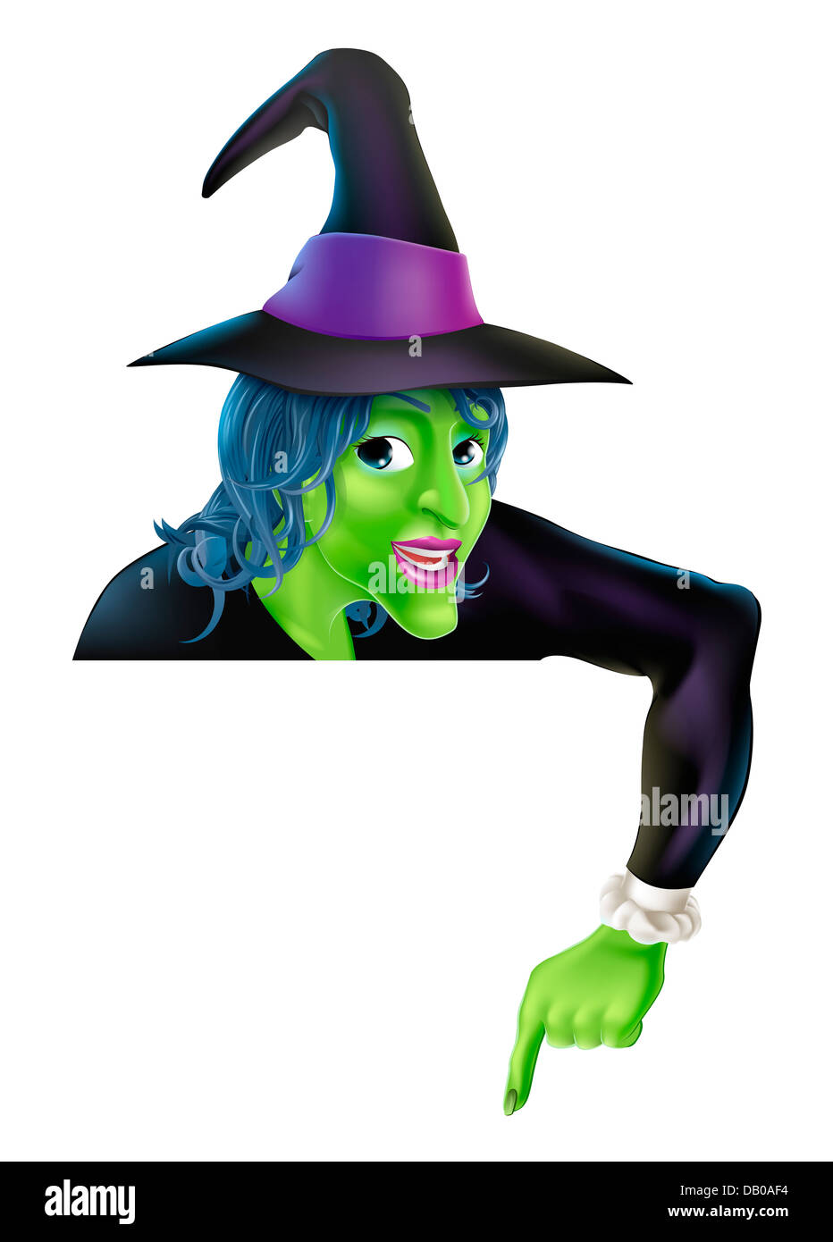 Dessin d'un friendly cartoon Halloween sorcière lorgnant sur un signe et de pointage Banque D'Images