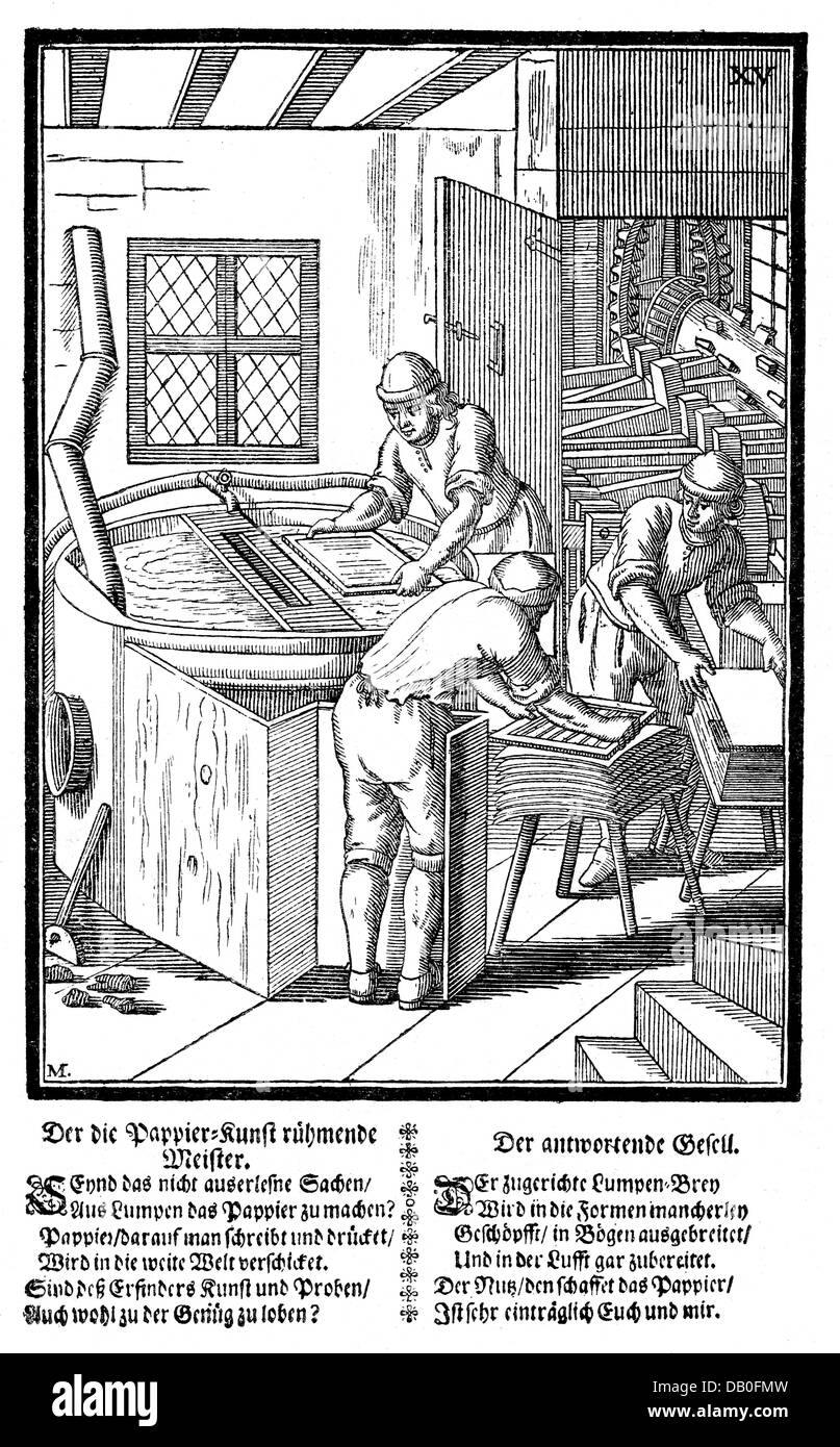 Industrie, papier, papeterie, coupe de bois, 'Curioser Spiegel' par Elias Porzelius, imprimé par J. A. Endter, Nuremberg, 1689, droits additionnels-Clearences-non disponible Banque D'Images