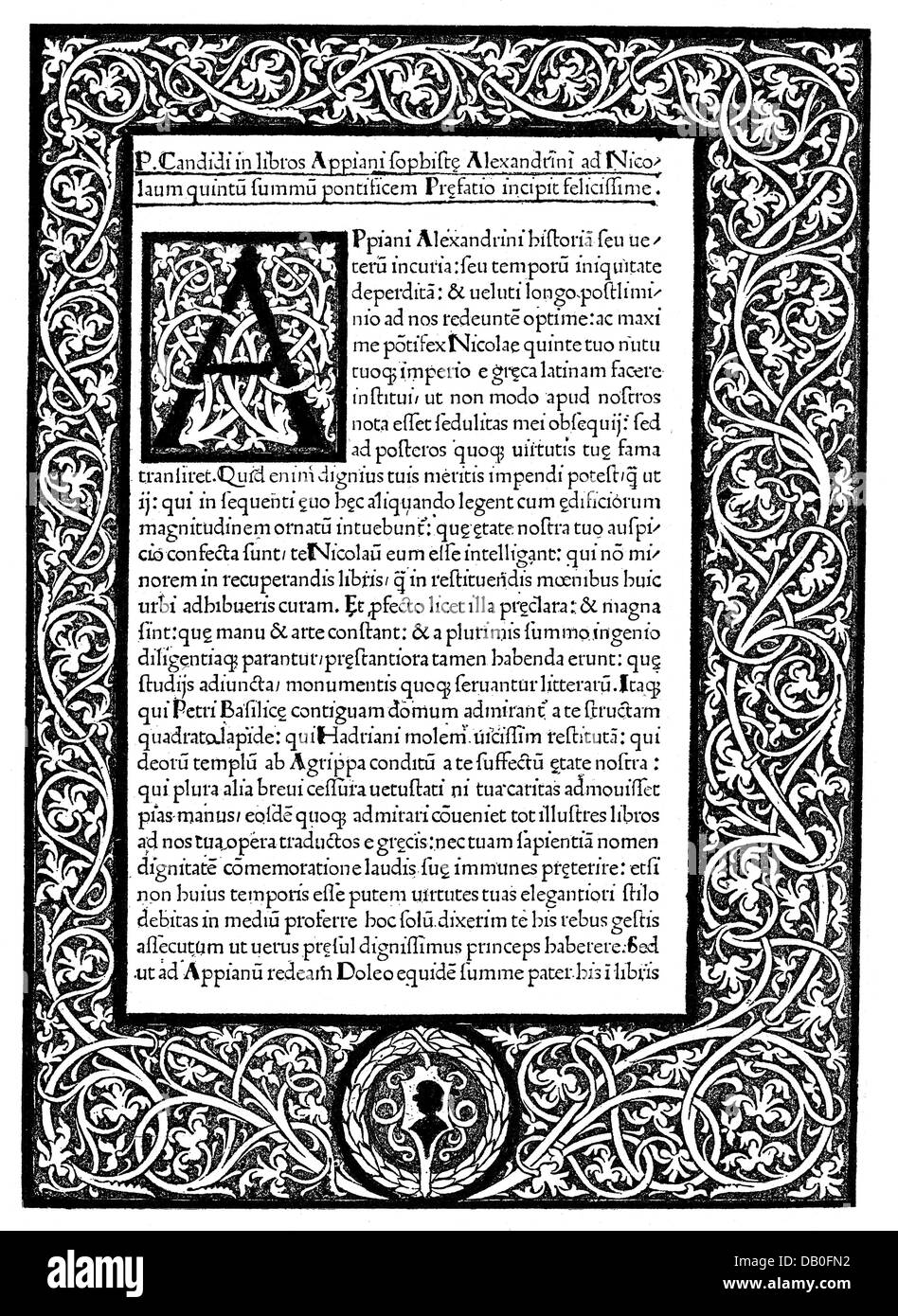 Appianus Alexandrinus, après 90 - après 160, l'historien romain, oevre, "Histoire romaine", première page, imprimé à Venise, 1477, Banque D'Images