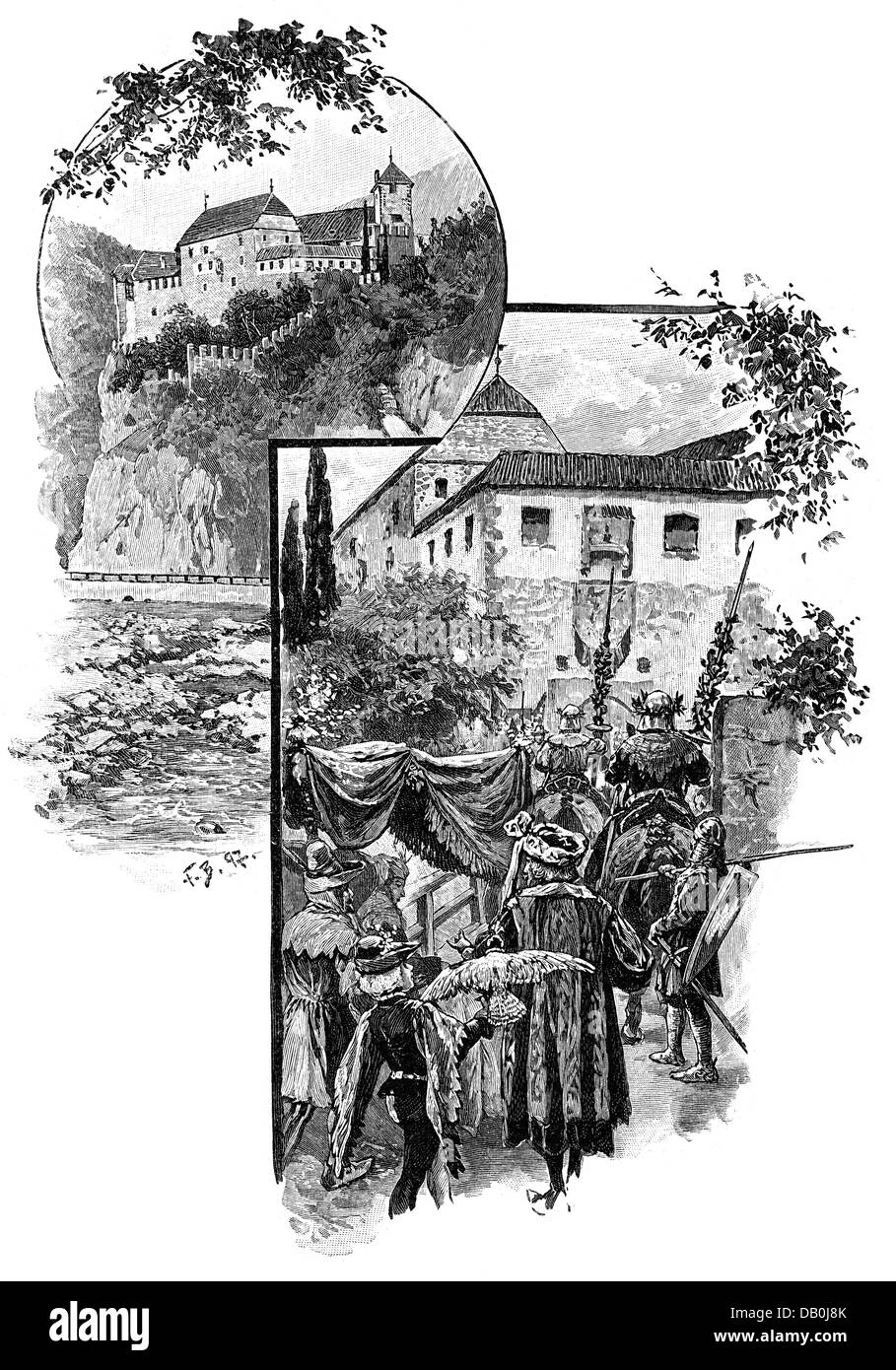 Festivités, festival public, festival au château de Runkelstein, château et arrivée des invités dans la cour du château, gravure en bois, par Fritz Bergen, (1857 - 1941), 1897, droits additionnels-Clearences-non disponible Banque D'Images