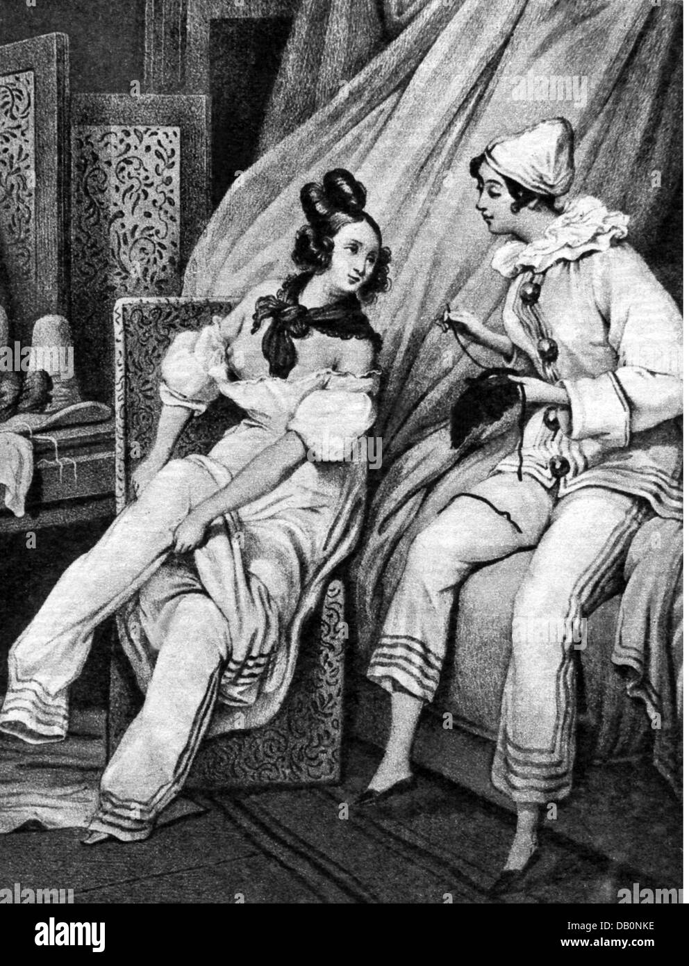 Festivités, carnaval, jeune femme se dressant comme Pierrots, lithographie, par Paul Gavarni (1804 - 1866), vers 1848, droits additionnels-Clearences-non disponible Banque D'Images