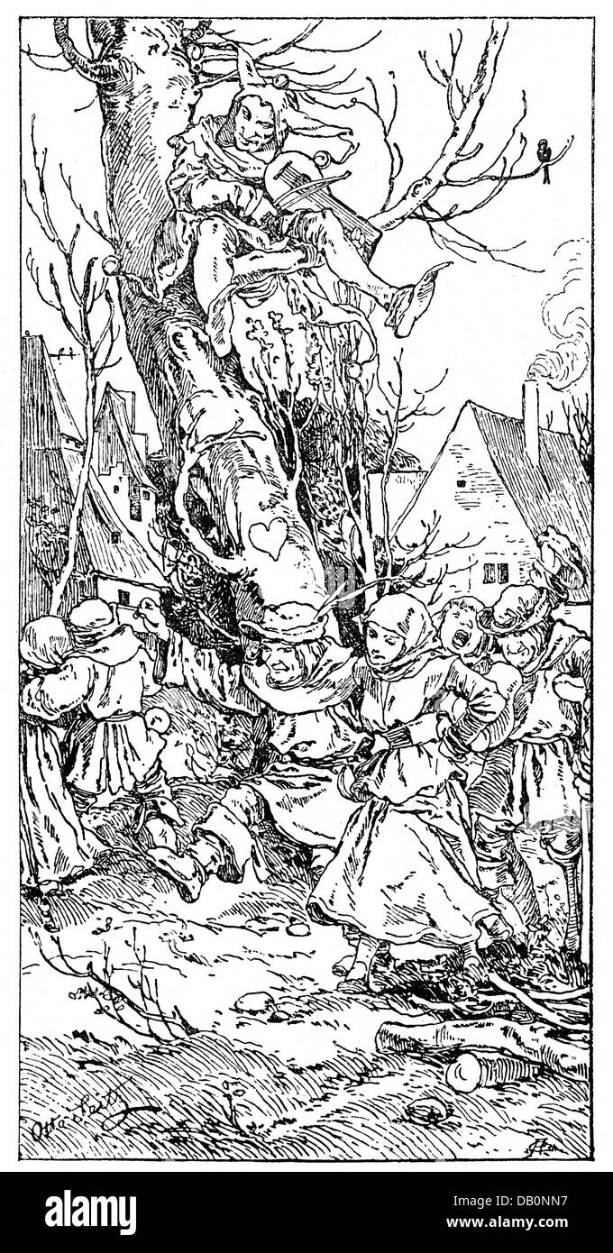 Festivités, carnaval, jester assis dans un arbre et frappant pour une danse, gravure en bois, par Otto Seitz (1846 - 1912), de: 'Vom Fels zum Meer - Magazine illustré de Spelma pour la maison allemande', Stuttgart, 1883 / 1884, droits additionnels-Clearences-non disponible Banque D'Images