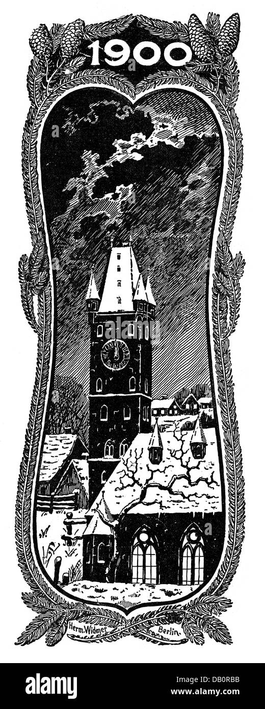 Festivités, Saint-Sylvestre, '1900', église en hiver, gravure en bois, par Herman Widmer (1871 - 1940), 1900, droits supplémentaires-Clearences-non disponible Banque D'Images