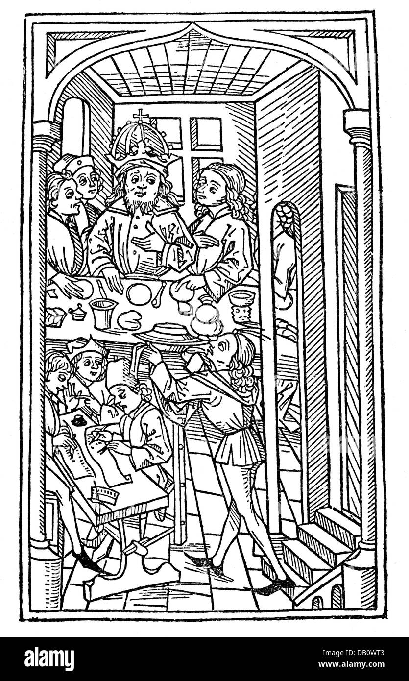 Gastronomie, repas, fête de l'empereur chinois, coupe de bois, de: John Mandeville, 'les voyages de Sir John Mandeville', Augsbourg, 1481, droits supplémentaires-Clearences-non disponible Banque D'Images