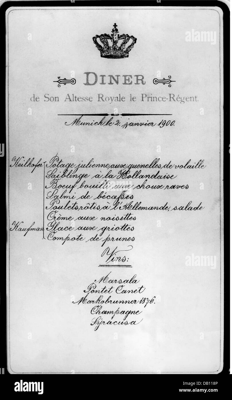 Gastronomie, menu, dîner formel du prince bavarois Luitpold, Munich, 2.1.1900, droits supplémentaires - Clearences - non disponible Banque D'Images