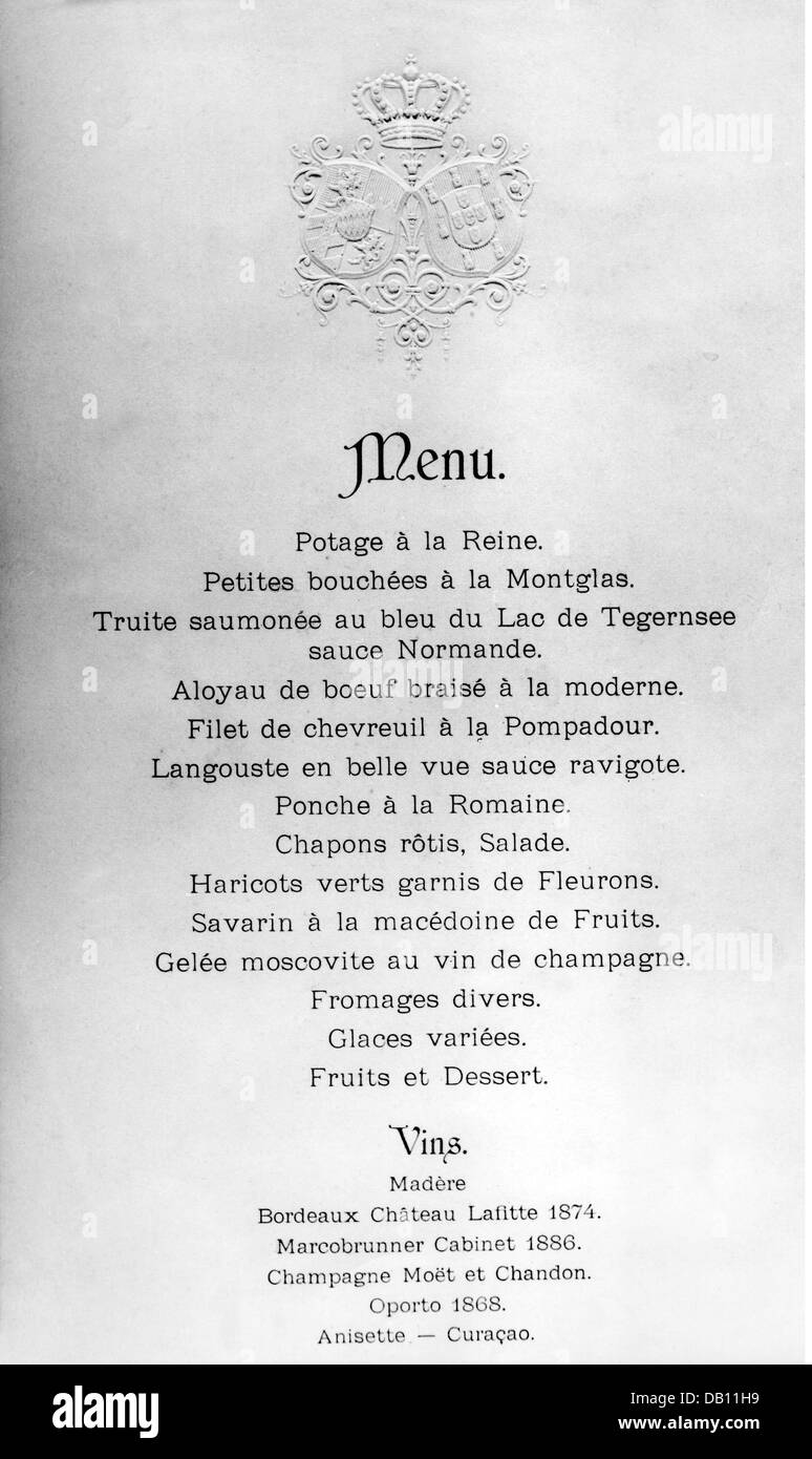 Gastronomie, menu, ordre des plats d'un dîner formel à la cour royale bavaroise, vers 1890 - 1895, droits supplémentaires-Clearences-non disponible Banque D'Images