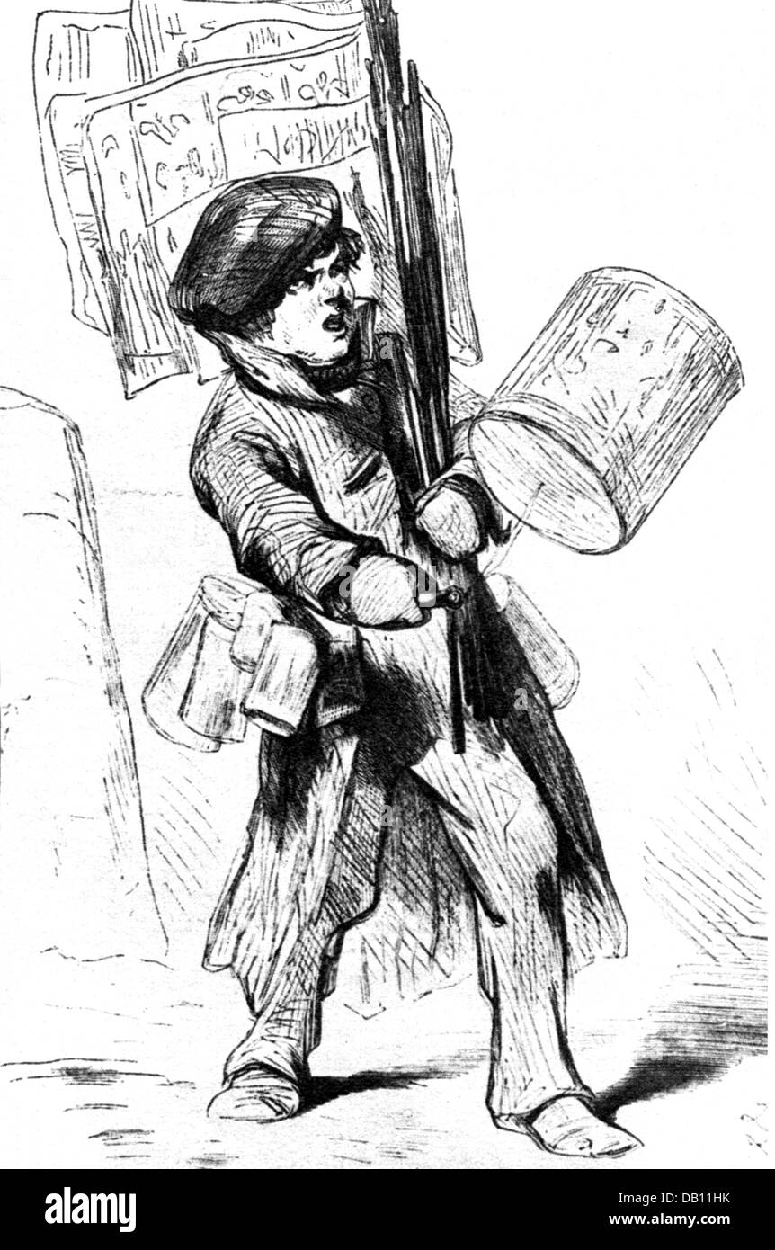 Noël, marchés de Noël, Berlin garçon vendant des connaisseurs qui proclament sa marchandise, par Ludwig Löffler (1821 - 1910), coupe de bois, 1864, droits supplémentaires-Clearences-non disponible Banque D'Images