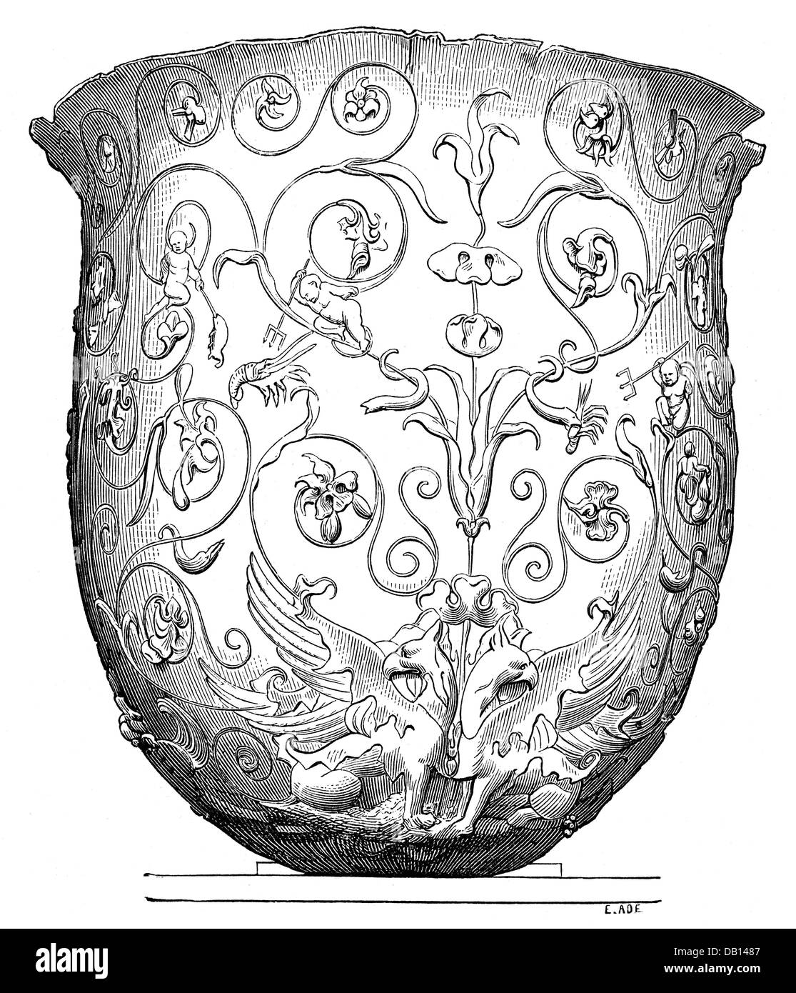 Monde antique, Empire romain, bouilloire à lait, du Trésor de Hildesheim, 1er siècle après J.-C., gravure en bois, 19e siècle, graphique, graphisme, monde antique, temps anciens, beaux-arts, art, maison, ménages, plats, vaisselle, vaisselle, vaisselle, contenant, récipients, bouilloire, kettles, krater, récipient à boire, récipients, ornements, ornement, plante, plantes, griffon, griffon, argent, métaux, argent, argent, Historique, historique, monde ancien, droits additionnels-Clearences-non disponible Banque D'Images
