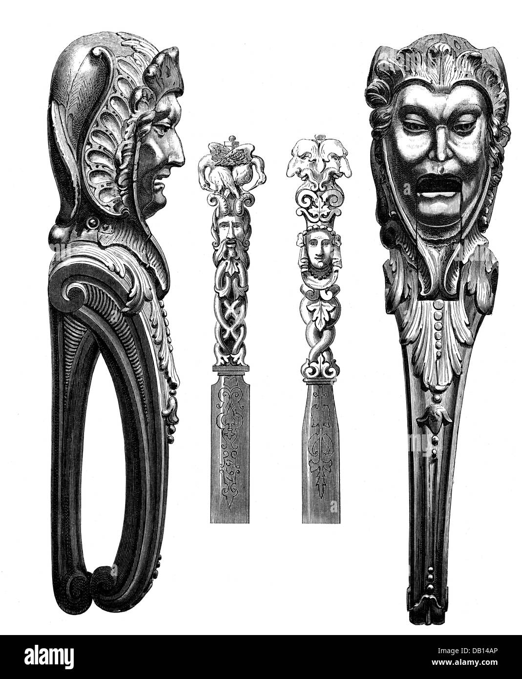 articles ménagers, récipients à boire, vaisselle, couverts, casse-noisettes sculptés, bois, manches à couteaux sculptés, ivoire, xvie siècle, gravure en bois, xixe siècle, xvie siècle, graphique, graphisme, beaux-arts, art, artisanat, artisanat, casse-noisettes, casse-noisettes, couteau, couteaux, ornement, ornements, visage, visages, visage, tête, têtes, couverts, couverts, ustensiles de cuisine, articles de cuisine, articles ménagers, porte-manger, porte-manger, articles ménagers, porte-manger, porte-manger, articles ménagers, porte-manger, articles Manches de couteau, historique, historique, droits supplémentaires-Clearences-non disponible Banque D'Images