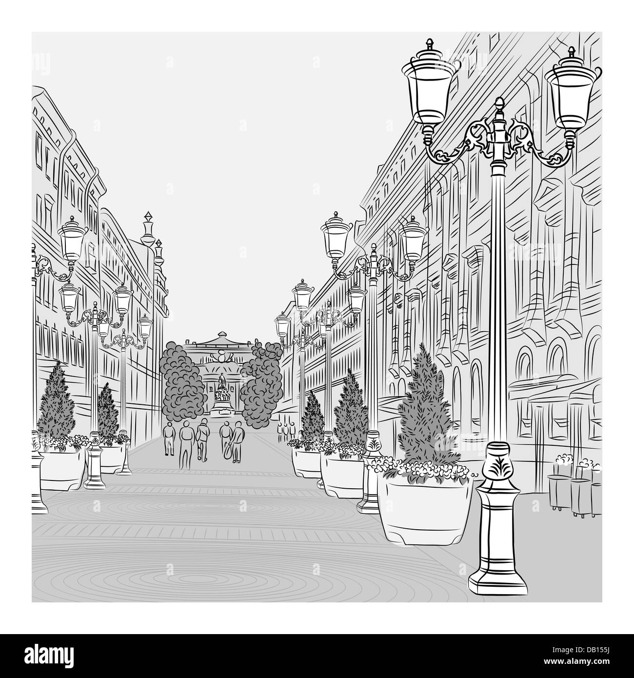 Paysage urbain, la grande avenue avec de beaux bâtiments et vintage des lanternes à Saint-Pétersbourg, Russie Banque D'Images