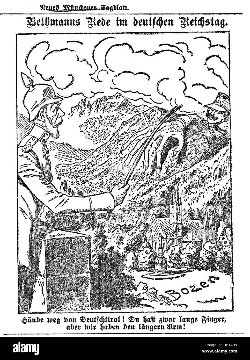 Première Guerre mondiale / première Guerre mondiale, politique, l'Italie entre dans la guerre, caricature au discours du chancelier de l'Empire allemand Theobald von Bethmann-Hollweg, mains loin du Tyrol allemand, dessin, 'Neues Muenchner Tagblatt', 1915, droits additionnels-Clearences-non disponible Banque D'Images