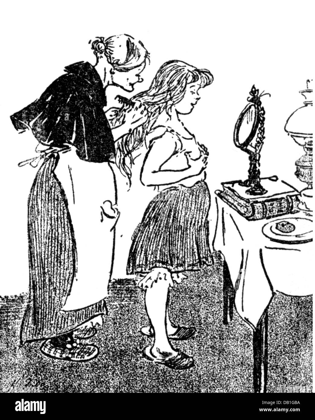 Cosmétiques, fille qui obtient ses cheveux peignés, dessin par Heinrich Zille (1858 - 1929), vers 1900, droits additionnels-Clearences-non disponible Banque D'Images