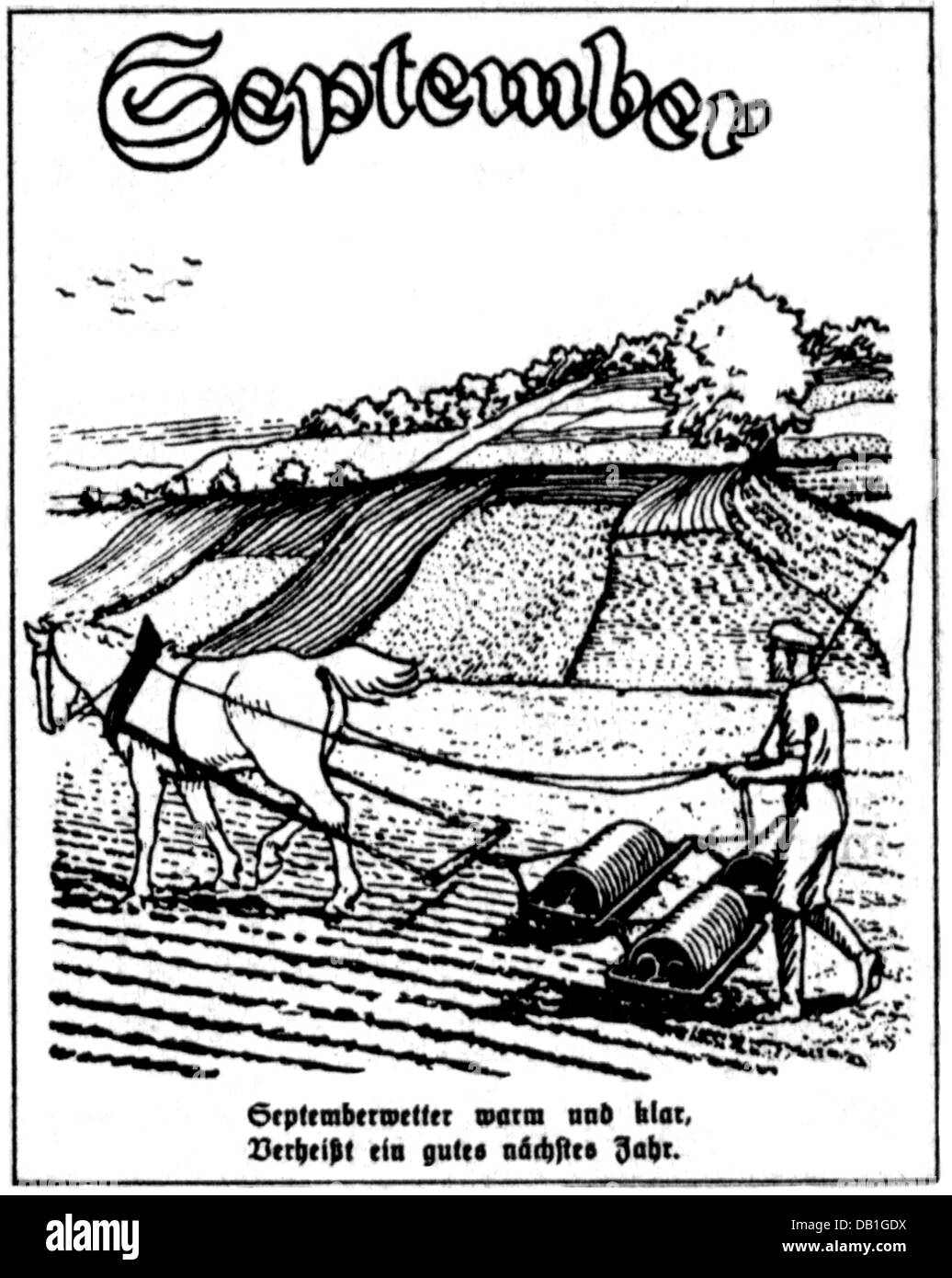 agriculture, météo, septembre, dessin, 20e siècle, 20e siècle, graphique, graphiques, travail agricole, travail agricole, travail agricole, travail agricole, fermier, agriculteurs, animal, animaux, cheval, chevaux, tirer, tirer, dessin, dessiner, champ, champs, travail sur le terrain, travail sur le terrain, herses, hermer, proverbe, proverbes, agriculture, agriculture, agriculture, météo, orée, orée, orée, temps, orée, orée, temps historique, orée, orée, Hommes, hommes, personnes, droits supplémentaires-Clearences-non disponible Banque D'Images