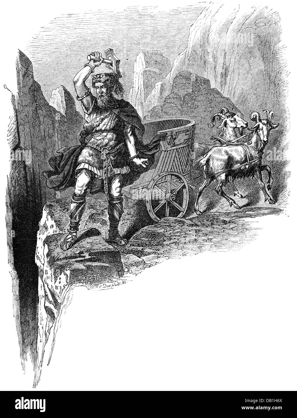 Thor (Donar), Dieu germanique du tonnerre, gravure de bois après dessin par Carl Emil Doepler, 1887, Banque D'Images