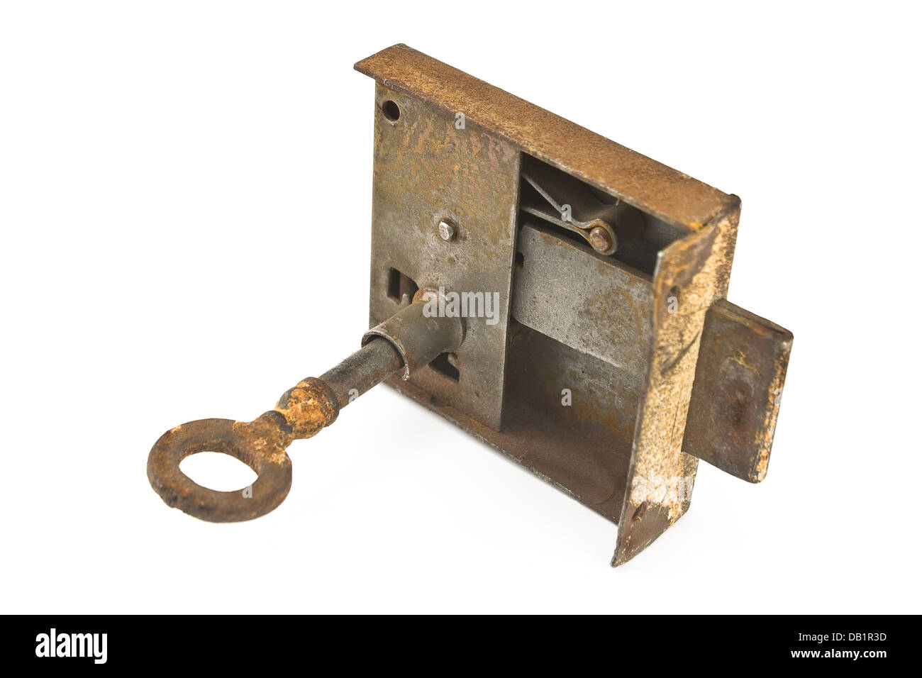 Rusty key dans le casier isolated on white Banque D'Images