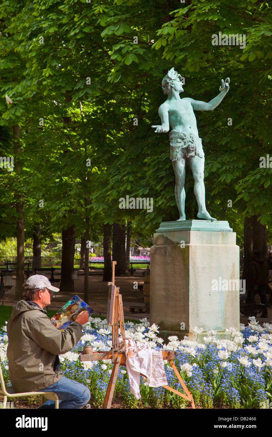 La peinture de l'artiste une scène sous l'acteur grec statue (l'acteur grec), Jardin du Luxembourg, Paris France Banque D'Images