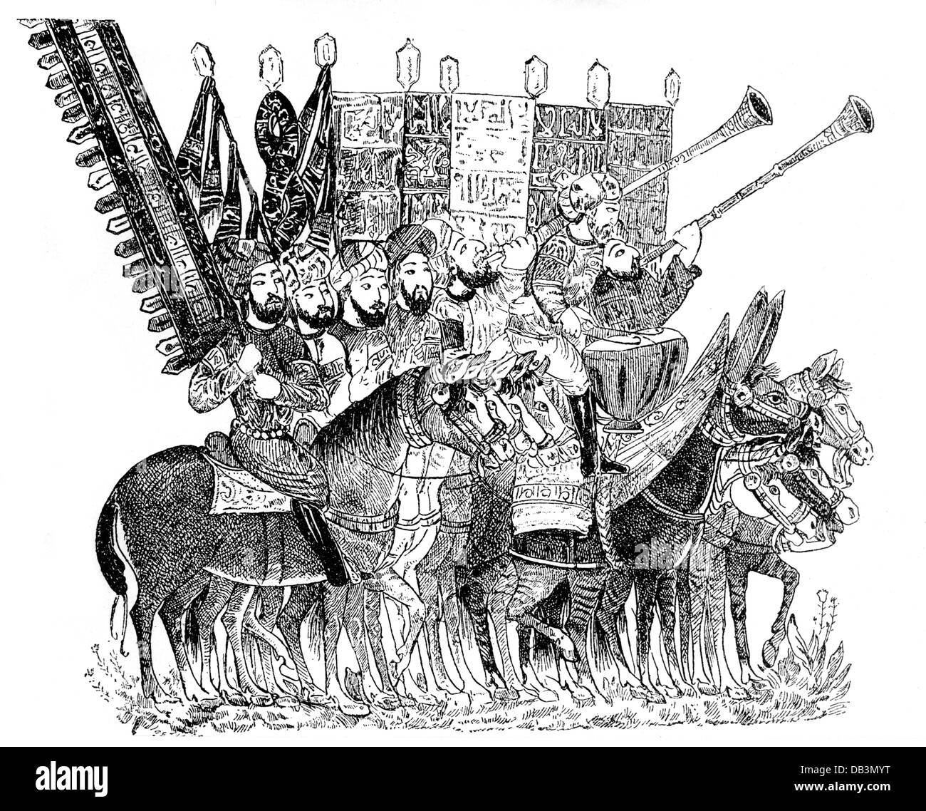 Militaire, Moyen Age, porteur arabe et musiciens, gravure en bois, avant 1896, droits additionnels-Clearences-non disponible Banque D'Images