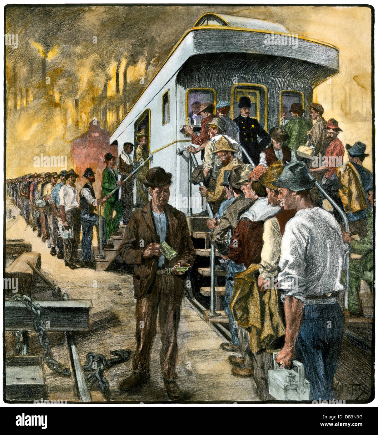 Les travailleurs de l'acier américain à la payer-car à la Homestead Works, 1901. La main, d'une illustration de demi-teinte Banque D'Images