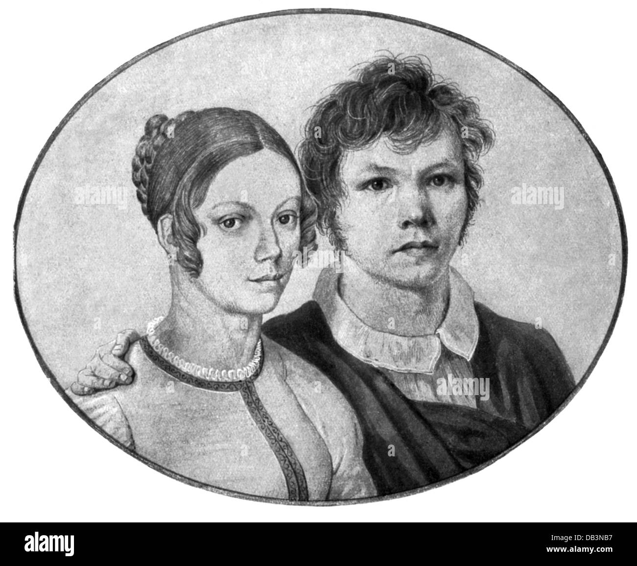 Schinkel, Karl Friedrich, 13.3.1781 - 9.10.1841, architecte allemand, peintre, portrait, autoportrait avec sa femme, dessin au crayon, 1810, Banque D'Images