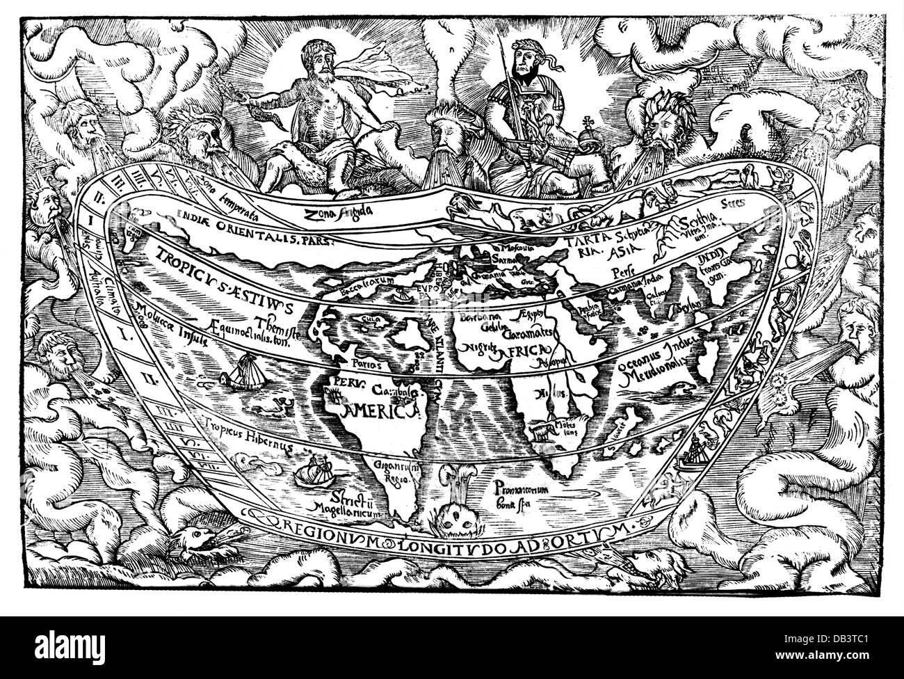 Cartographie, cartes du monde, carte du monde de la chronique mondiale de Marcin Bielski, coupe de bois, Pologne, 1551, droits additionnels-Clearences-non disponible Banque D'Images