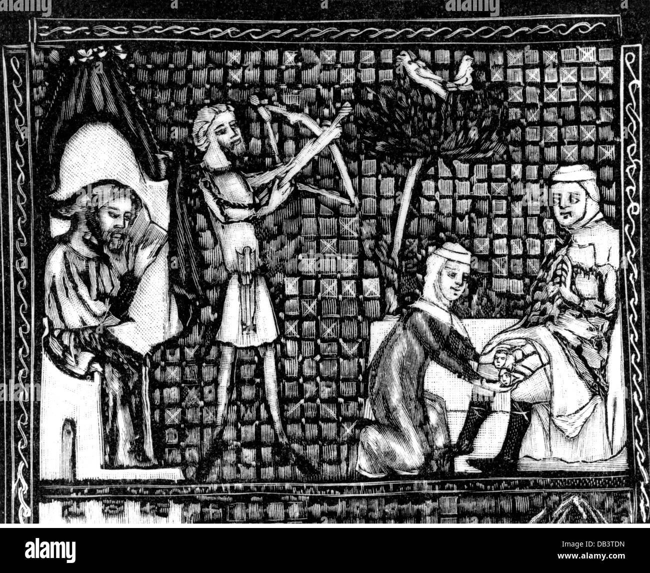 Rebecca, fille de Batuel, caractère biblique, pleine longueur, à la naissance de Jacob et d'Esau, miniature, 13ème siècle, Banque D'Images