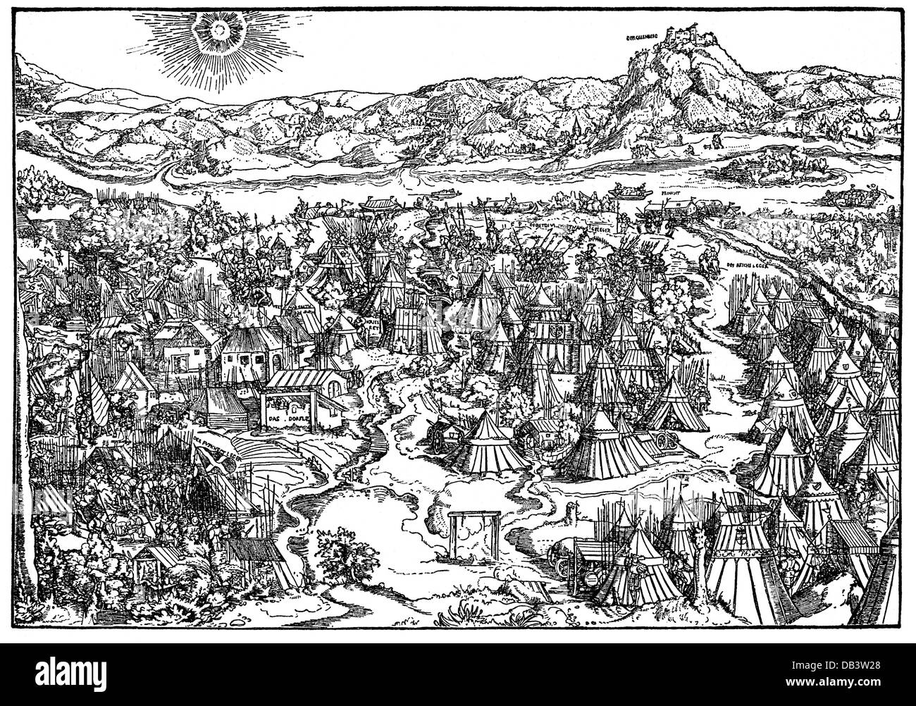 Première guerre ottomane-Habsbourg 1526 - 1555, siège de Vienne 27.9. - 14.10.1529, coupe de bois contemporaine de Barthel Behaim, tente, tentes, rivière, rivières, Danube, Autriche, Empire romain Saint, Turcs, Empire ottoman, guerre, guerres, guerres turques, XVIe siècle, historique, historique, PAS, peuple, droits additionnels-Clearences-non disponible Banque D'Images