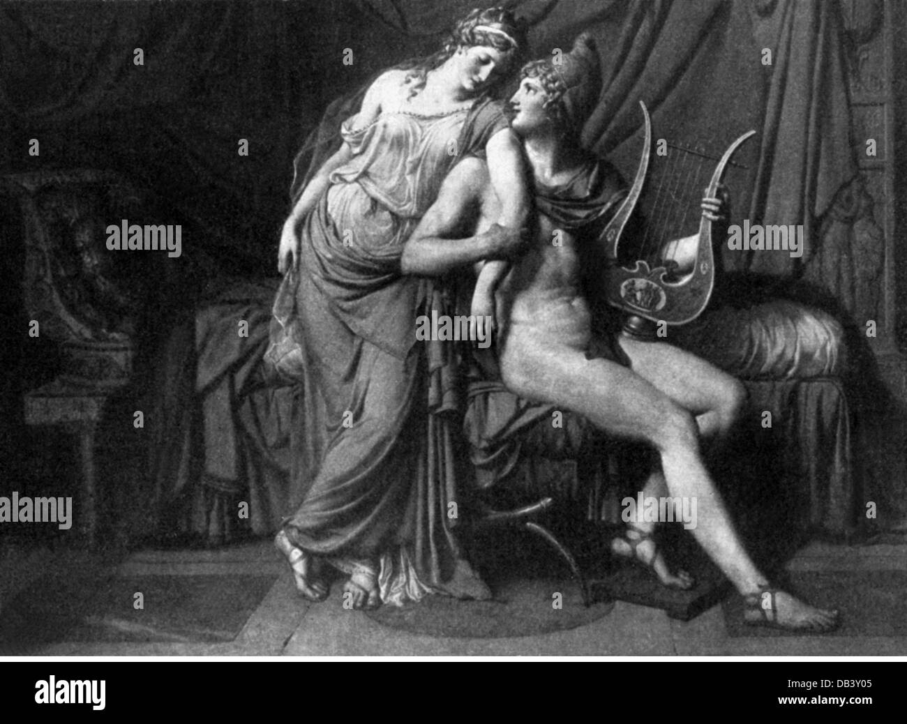 Paris, fils de Priam de Troy, figure légendaire grecque, pleine longueur, avec Helen, basée sur la peinture de Jacques Louis David, XIXe siècle, Louvre, Paris, Banque D'Images