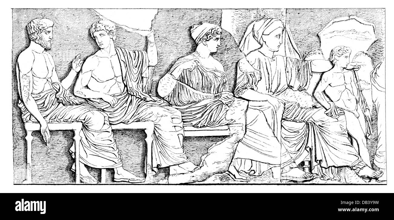 Monde antique, Grèce, religion, procession du Panathenaea, groupe de dieux avec Poséidon, Apollon, Artemis, Aphrodite et Eros, soulagement de Phidias, frise orientale du Parthénon, Athènes, vers 440 av. J.-C., gravure en bois, 1870, droits additionnels-Clearences-non disponible Banque D'Images