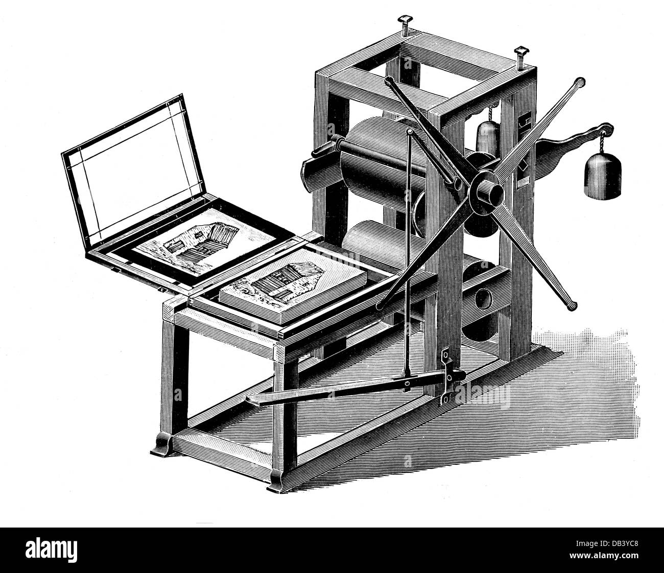 Senefelder, Alois, 6.11.1771 - 26.2.1834, la première presse à imprimer en pierre avec deux rouleaux, gravure en bois, XIXe siècle, Banque D'Images