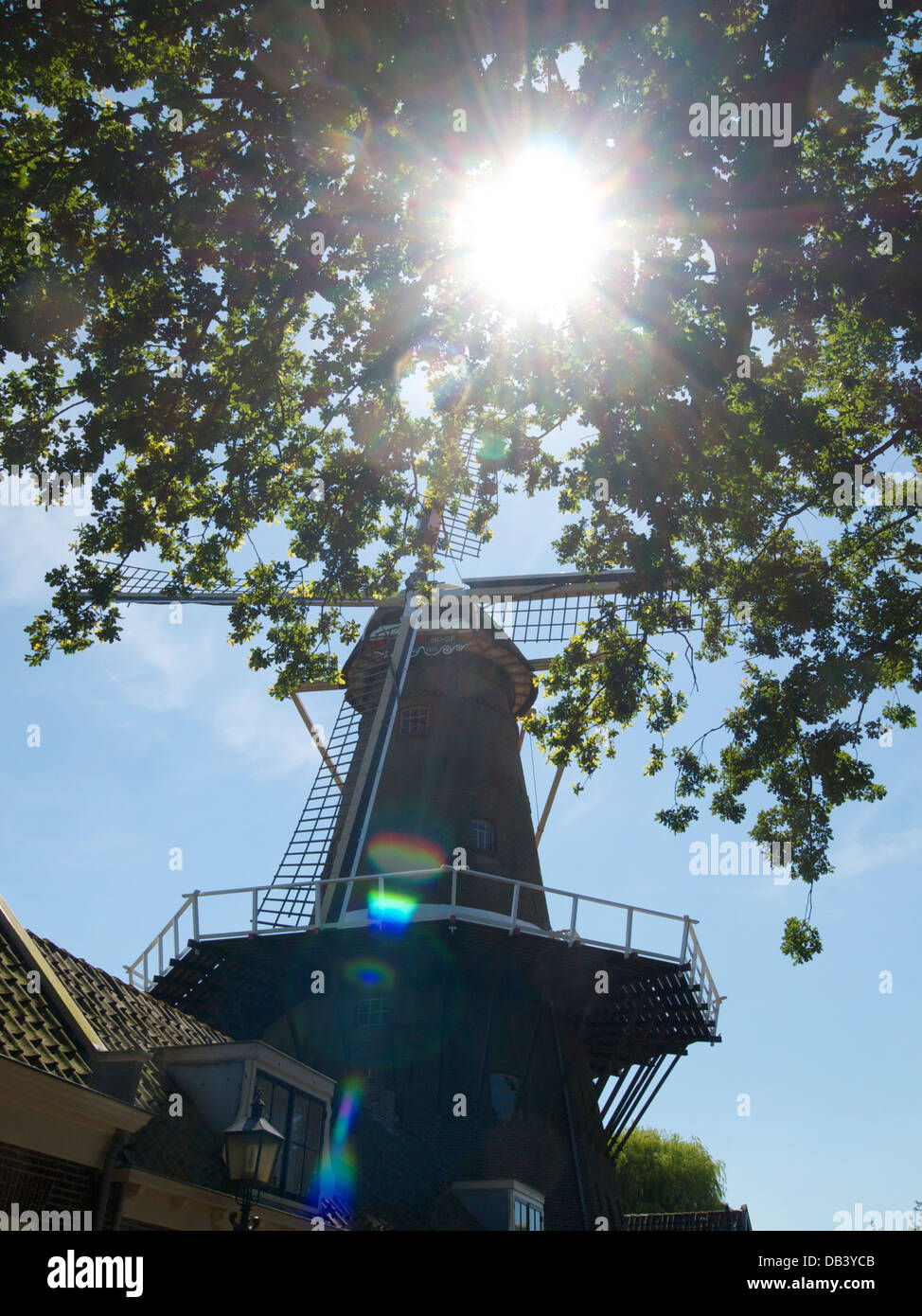Moulin de Hoop à Loenen aan de Vecht, avec de forts effets de lens flare et rétroéclairage aux Pays-Bas. Banque D'Images