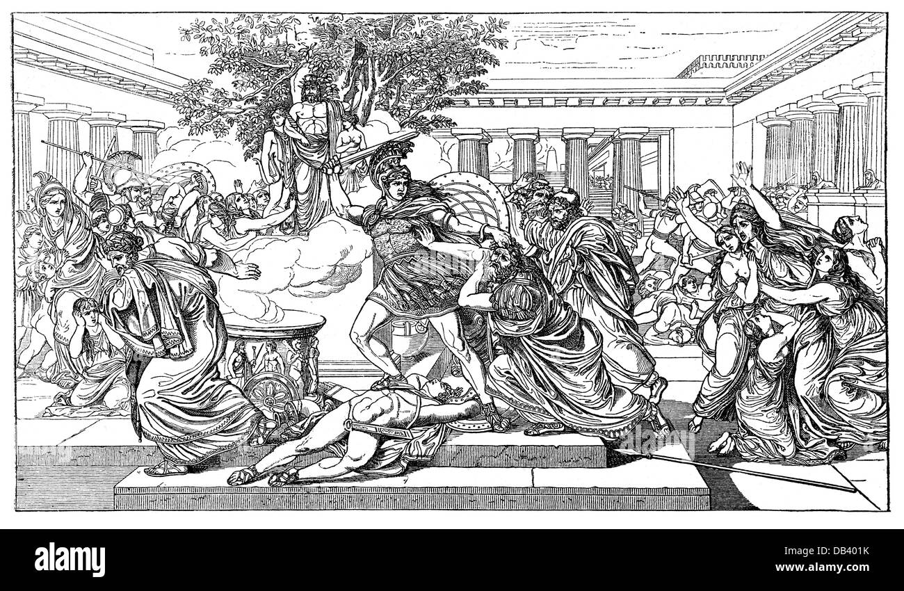 Priam, figure légendaire grecque, roi de Troy, mort, est tué par Pyrrhus, fils de l'Achille, grève morte, basée sur la peinture de Benvenuto, gravure en bois, XIXe siècle, Banque D'Images