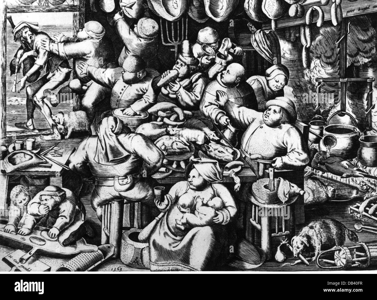 Gastronomie, repas, 'La graisse cuisine', par Pieter Bruegel l'Ancien (vers 1525 - 1569), gravure sur cuivre, 1563, copyright de l'artiste n'a pas à être effacée Banque D'Images