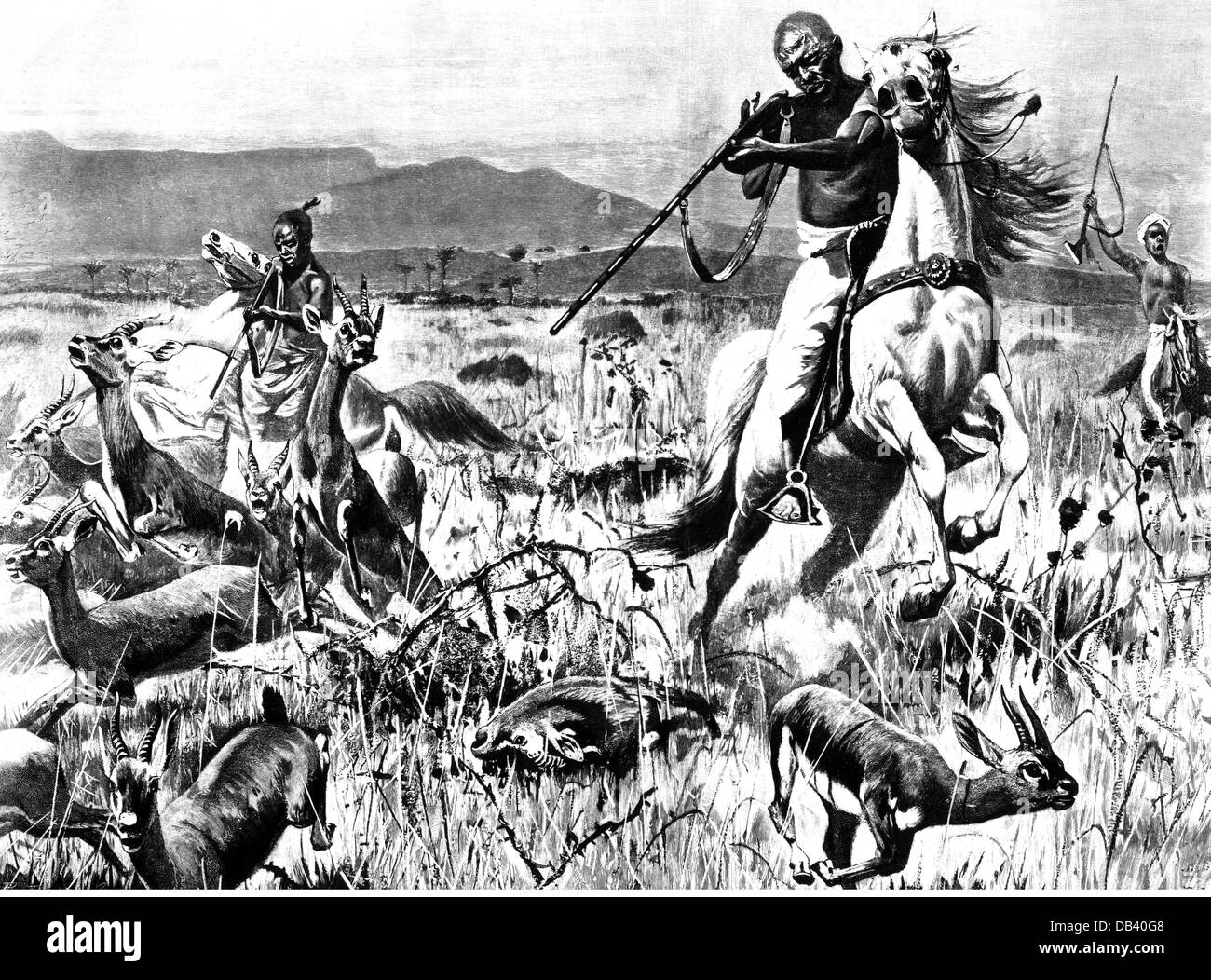 Chasse, chasse au cheval, chasse aux gazelles en Afrique, après W.Kuhnert, gravure en bois, 1890, droits additionnels-Clearences-non disponible Banque D'Images