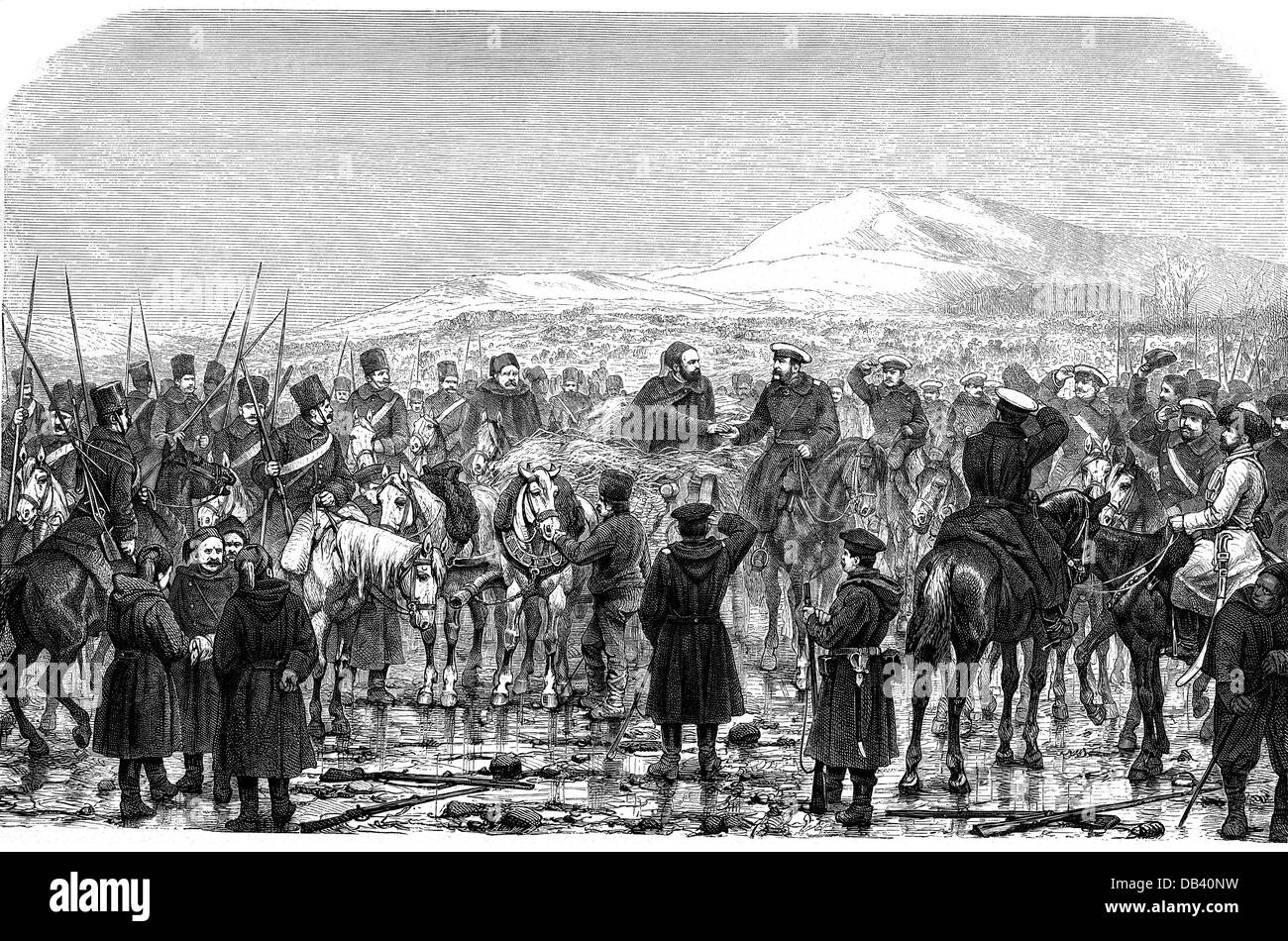 Événements, guerre russo-turque 1877 - 1878, capitulation de Plevna, 10.12.1877, rencontre entre Osman Pasha et le Grand-Duc Alexander Alexandrovitch, gravure contemporaine en bois, Zsar alexandre III, Tsarevitch, Pleven, Bulgarie, russe, turc, Empire russe, Russie, Empire ottoman, Balkans, Russo - Guerre turque, 19e siècle, historique, Histoire, peuple, Clearences-non disponible-droits supplémentaires Banque D'Images