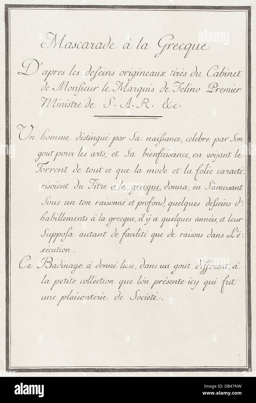 Cette œuvre dépeint une scène masquée inspirée par la culture grecque. L'objet présente des détails complexes avec un accent sur des masques et des costumes qui reflètent la tenue et l'esthétique historiques. Il fait partie d'une collection qui met en valeur diverses influences historiques dans la mode et multiples Banque D'Images